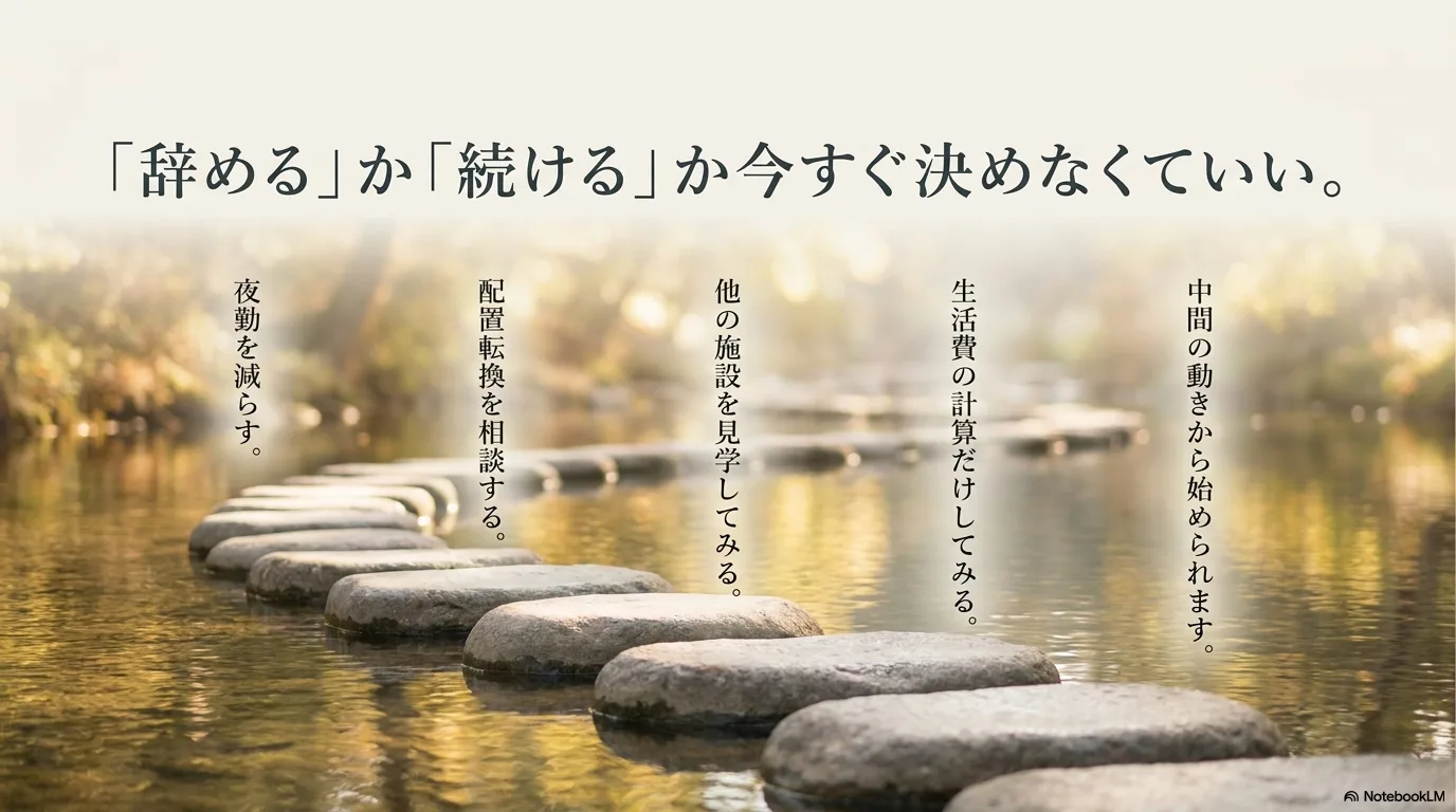辞めるか続けるかを今すぐ決めなくていいと示すスライド