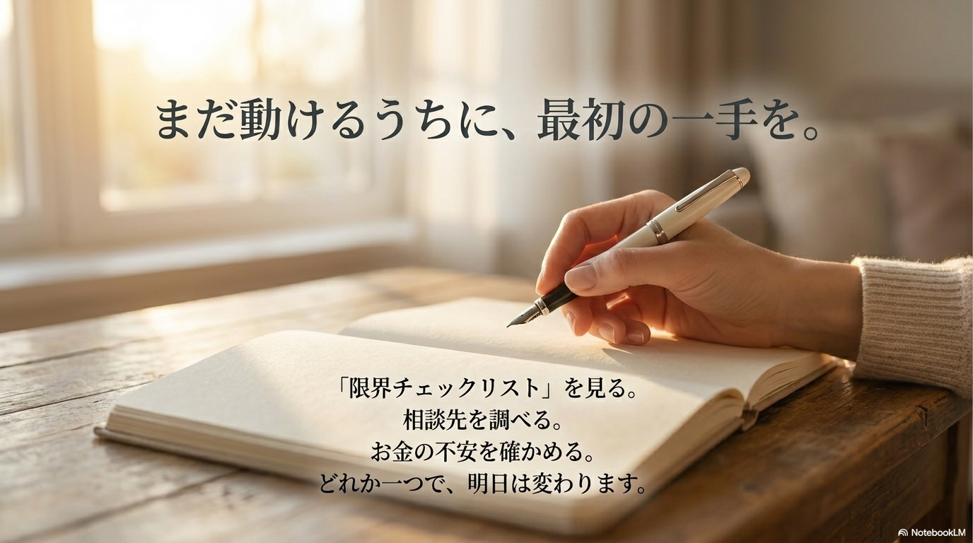 まだ動けるうちに最初の一手を取ると伝えるスライド
