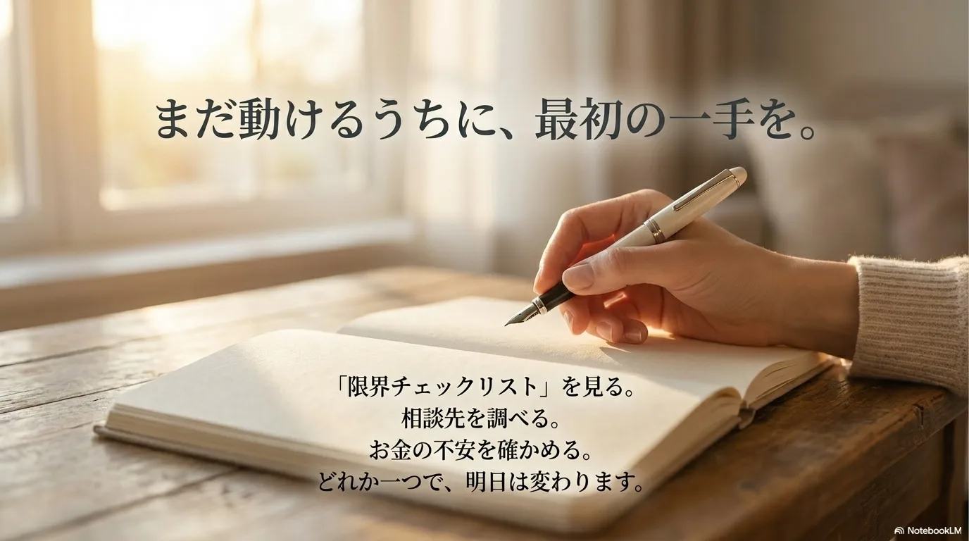 まだ動けるうちに最初の一手を取ると伝えるスライド