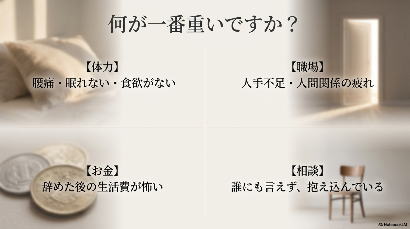 体力、職場、お金、相談の4方向で重さを分けるスライド