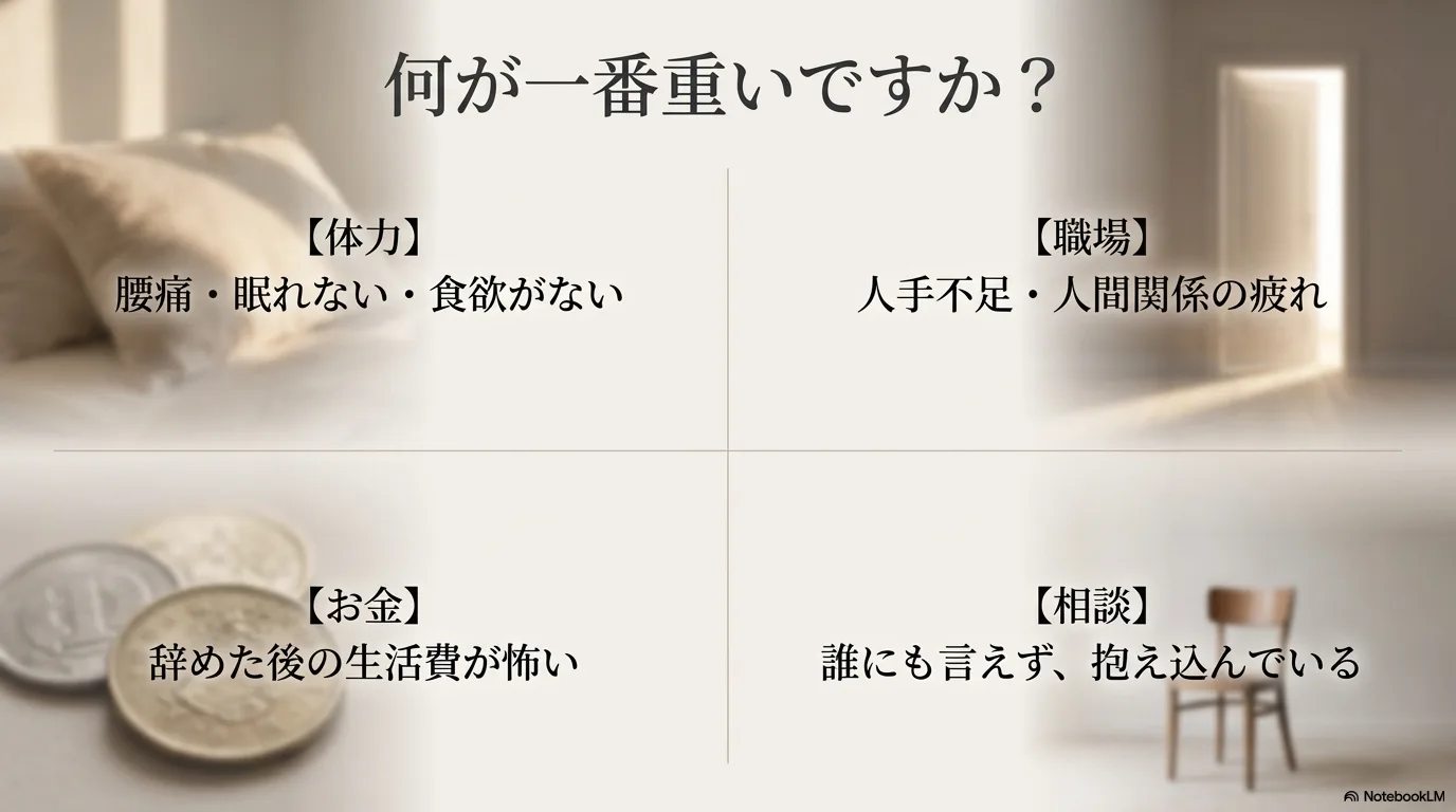 体力、職場、お金、相談の4方向で重さを分けるスライド
