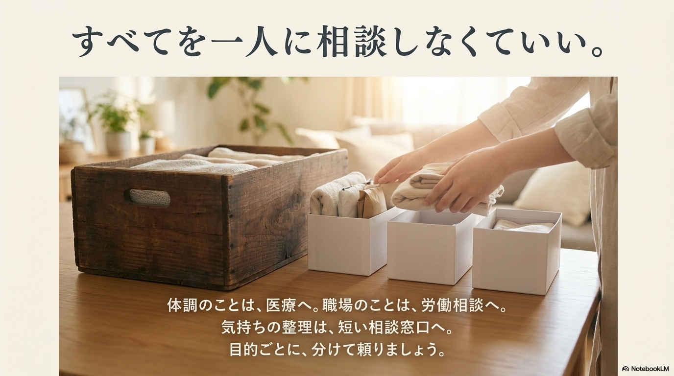 相談先を目的ごとに分けて使う考え方のスライド