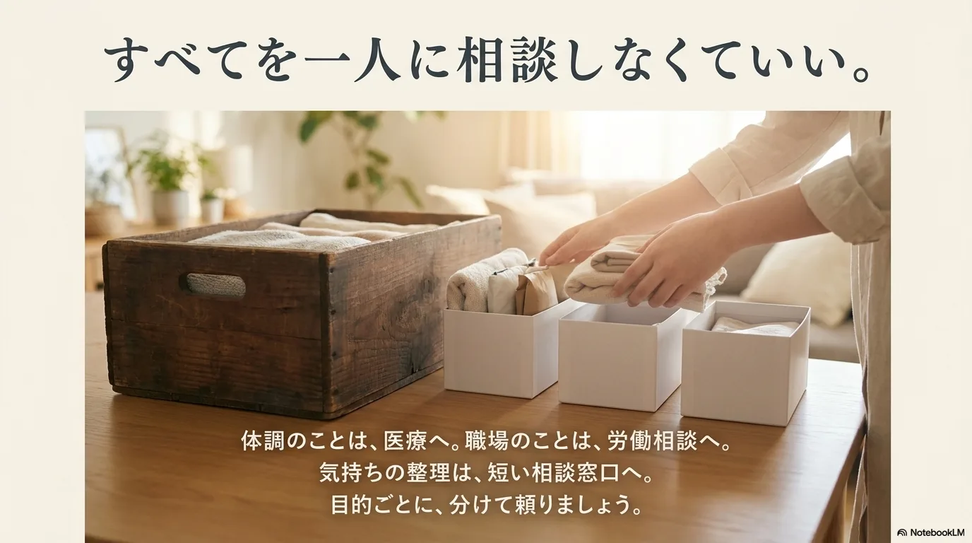 相談先を目的ごとに分けて使う考え方のスライド