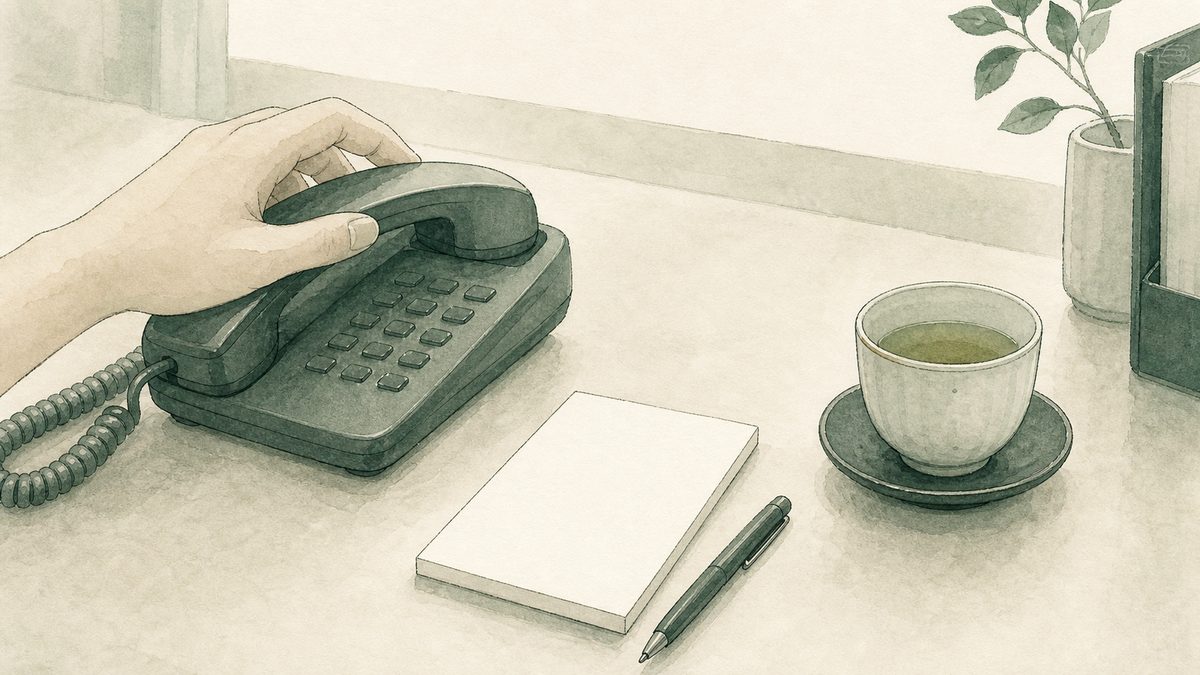 電話を置いた直後の手元とメモ帳と湯呑みのイラスト