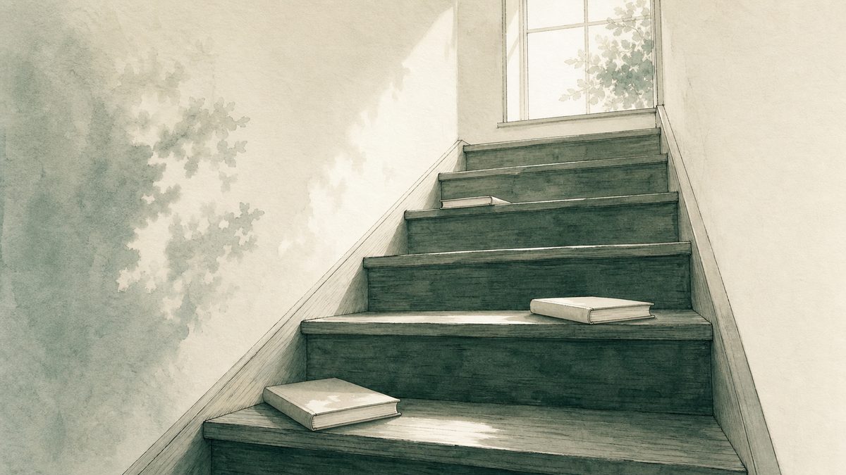 本やノートが置かれた木の階段と窓の光のイラスト