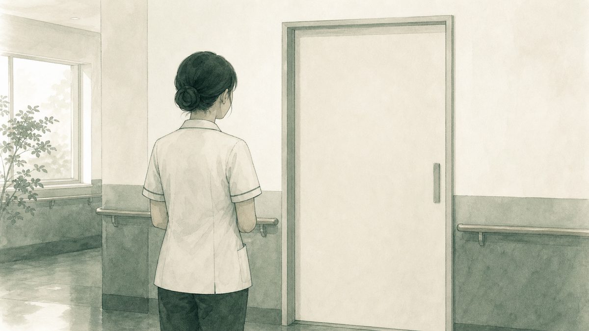更衣室のドアの前で立ち止まる介護職の後ろ姿のイラスト
