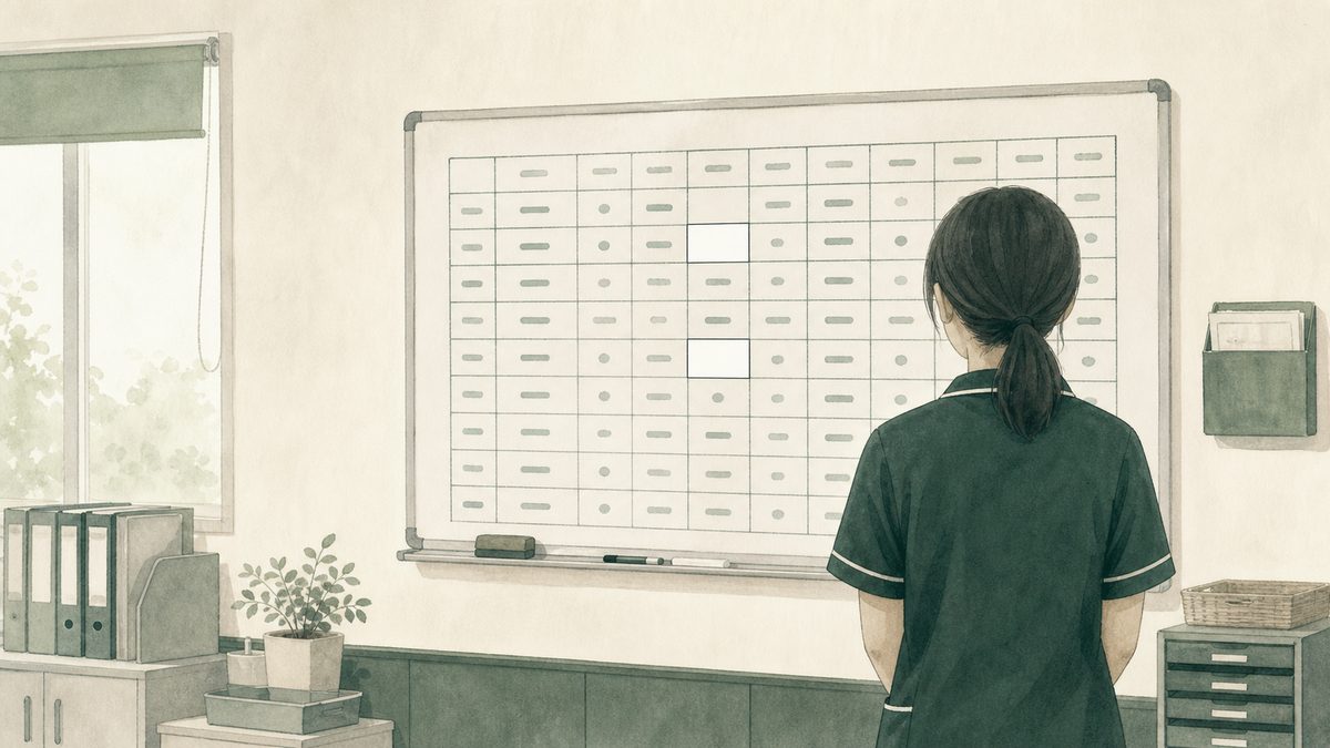 空欄のある勤務表を見つめる介護職の後ろ姿のイラスト