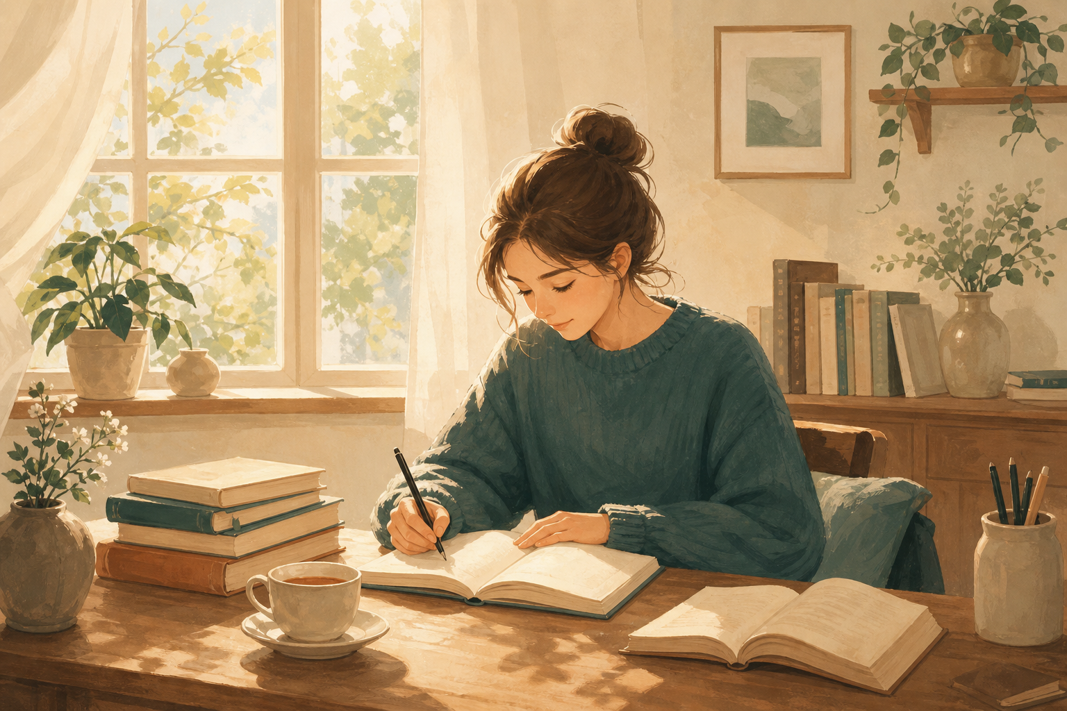 静かな部屋で学びに向かう人のイラスト