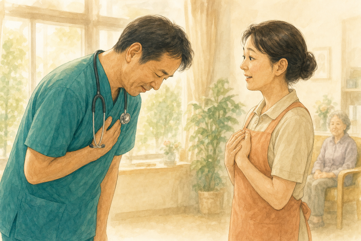 介護職員に感謝して頭を下げる男性看護師のイラスト