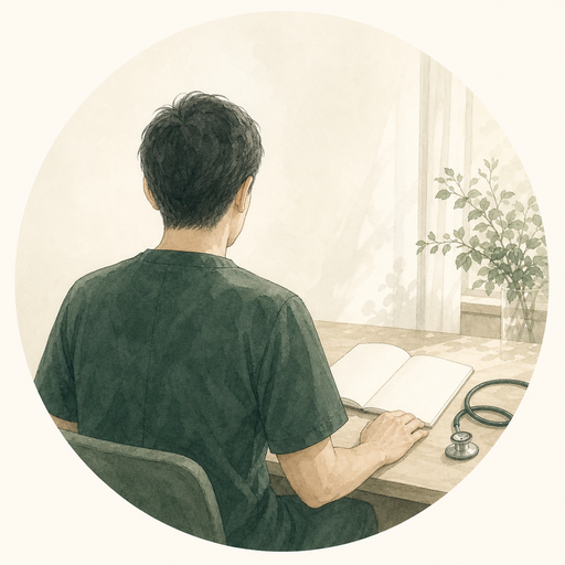 ノートを開く運営者ひかるの後ろ姿を描いたイラスト
